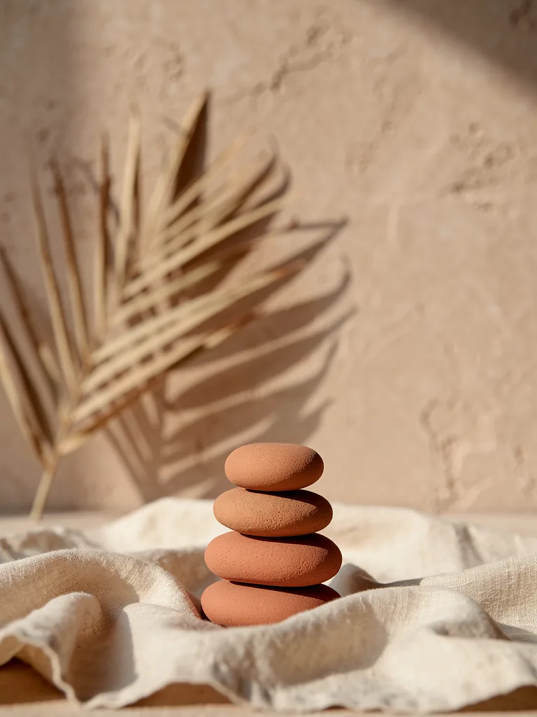 Terracotta stones stacked on cream linen against a sand plaster wall